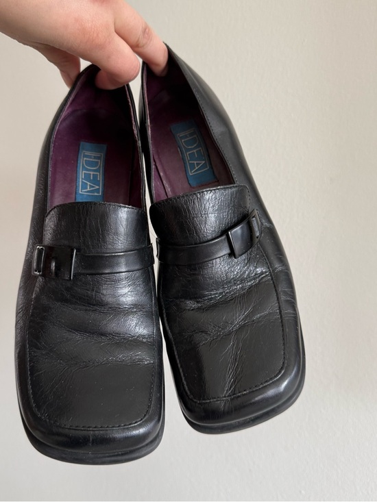 90s Vintage Black Leather Square Toe Heels Minimalist - Picture 3 of 7